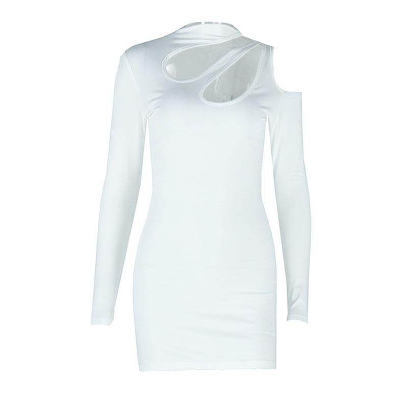 Mini-robe unie irrégulière à manches longues et ajourée 