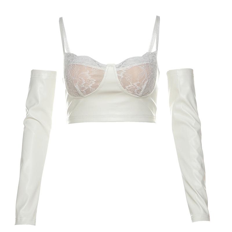 Lace hem gloves PU leather v neck cami top