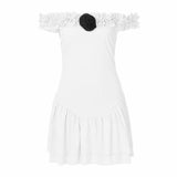 Off shoulder flower applique ruffle ruched mini dress
