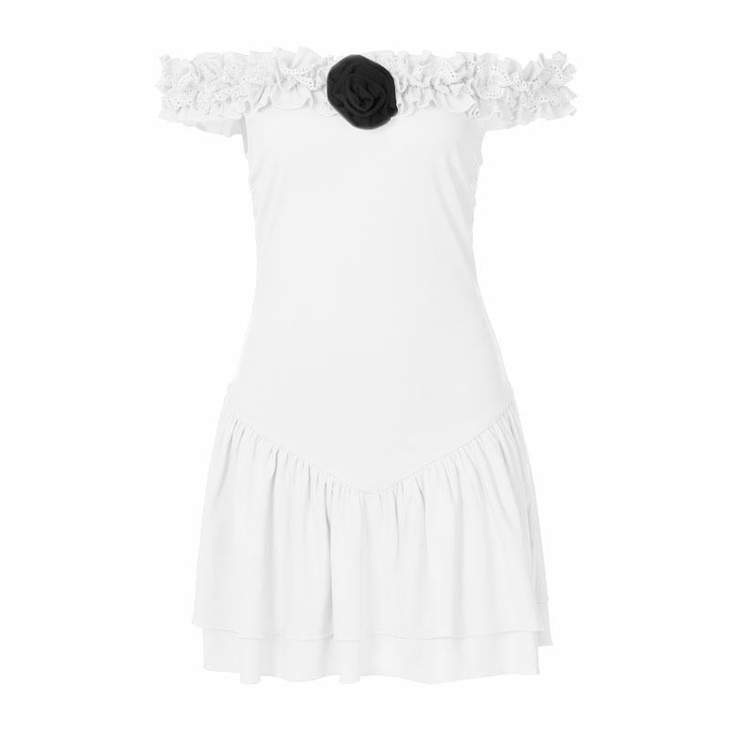 Off shoulder flower applique ruffle ruched mini dress