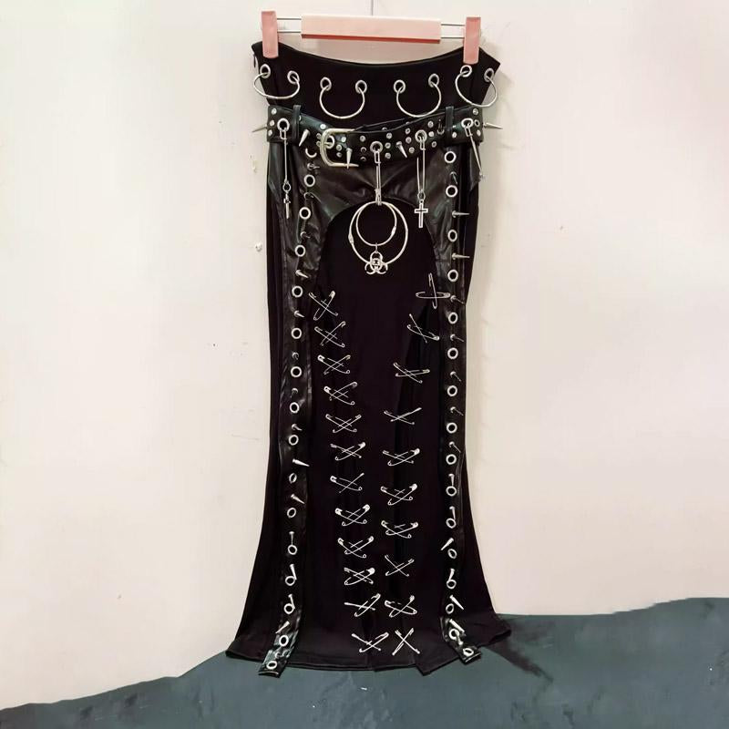 O ring rivet applique PU leather solid maxi skirt