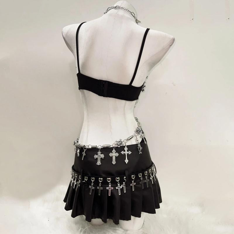 Conjunto de minifalda plisada con cremallera y aberturas irregulares 