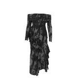 Off shoulder long sleeve slit ruffle contrast midi dress