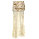 Lace hem high slit ruched flower print maxi skirt