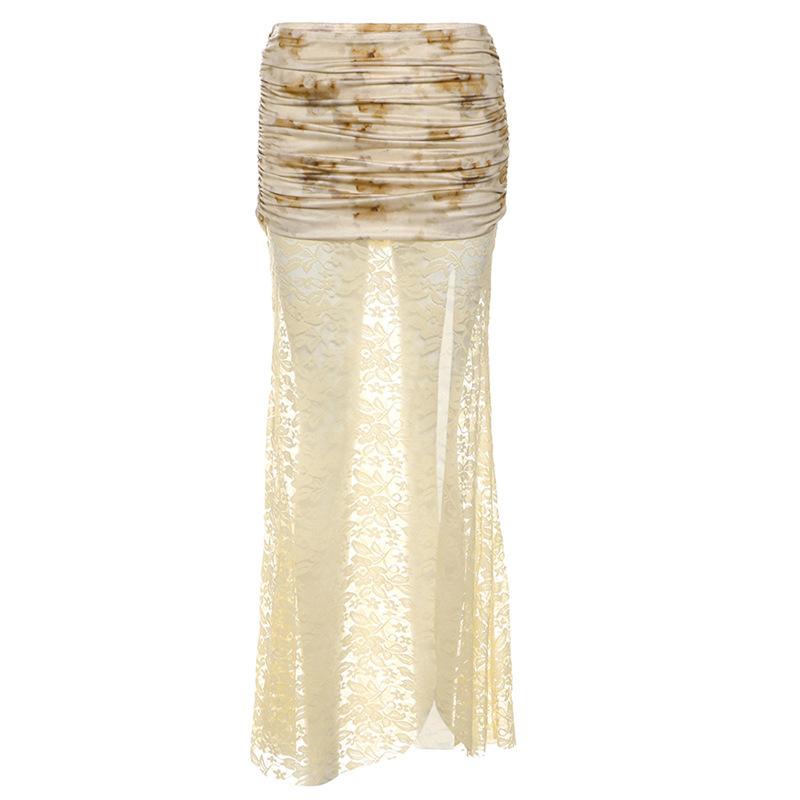 Lace hem high slit ruched flower print maxi skirt