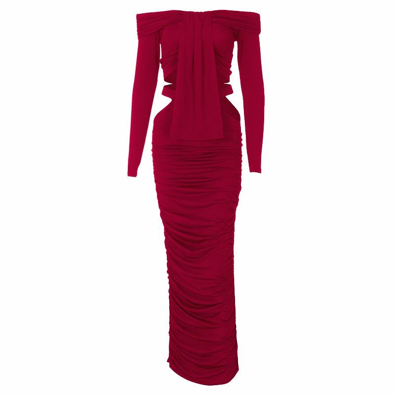 Robe longue ajourée à manches longues et épaules dénudées 