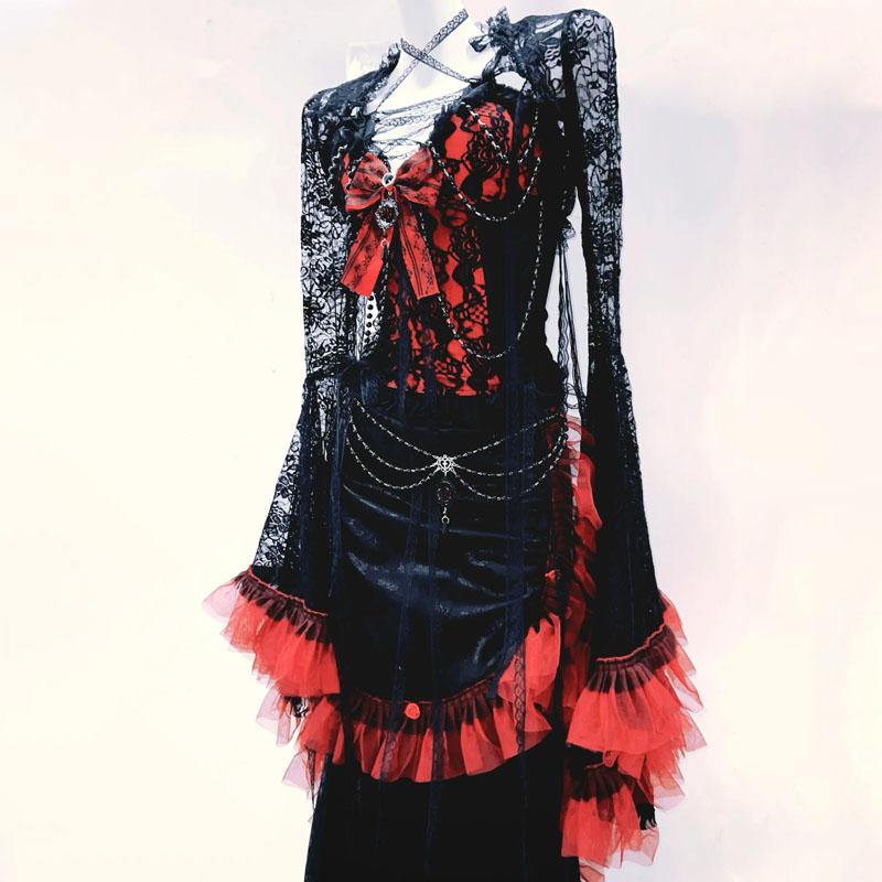 Vestido maxi plisado con lazo de encaje y mangas largas acampanadas 