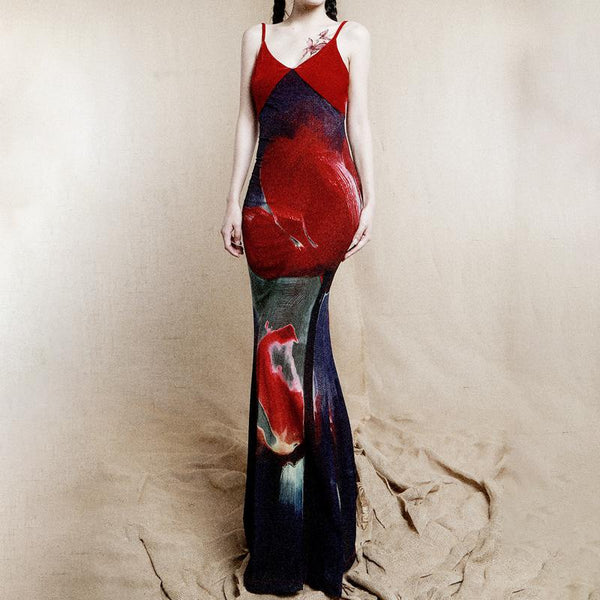 Vestido largo camisola con cuello en V, estampado floral de terciopelo y cremallera 