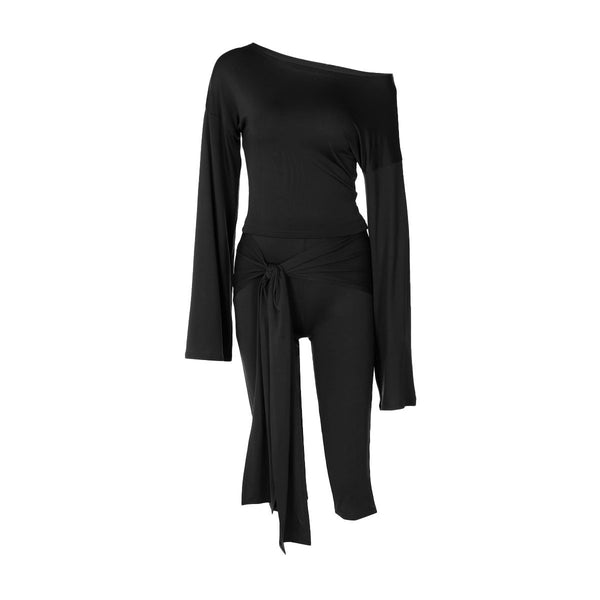Conjunto de pantalón liso de tiro medio y manga larga irregular 