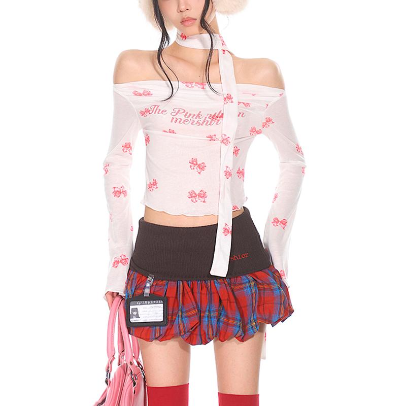 Long sleeve bowknot print ruffle off shoulder top