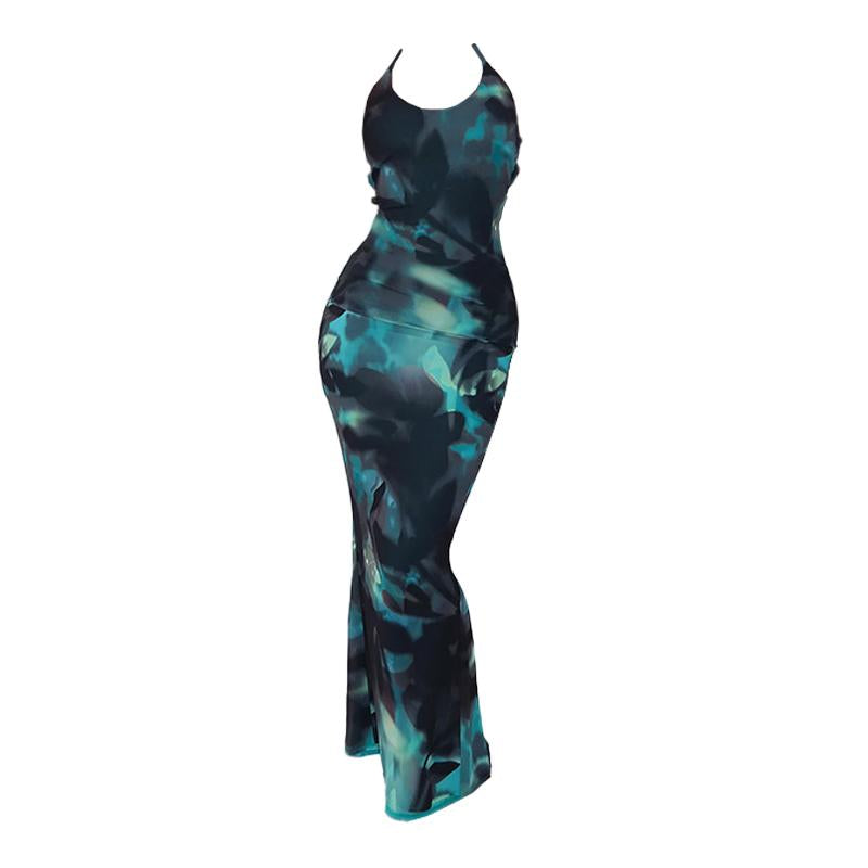 Robe longue fendue à imprimé papillon et col en U 