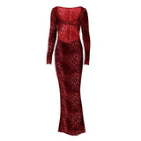 Vestido largo de manga larga con estampado de leopardo y escote en U calado 