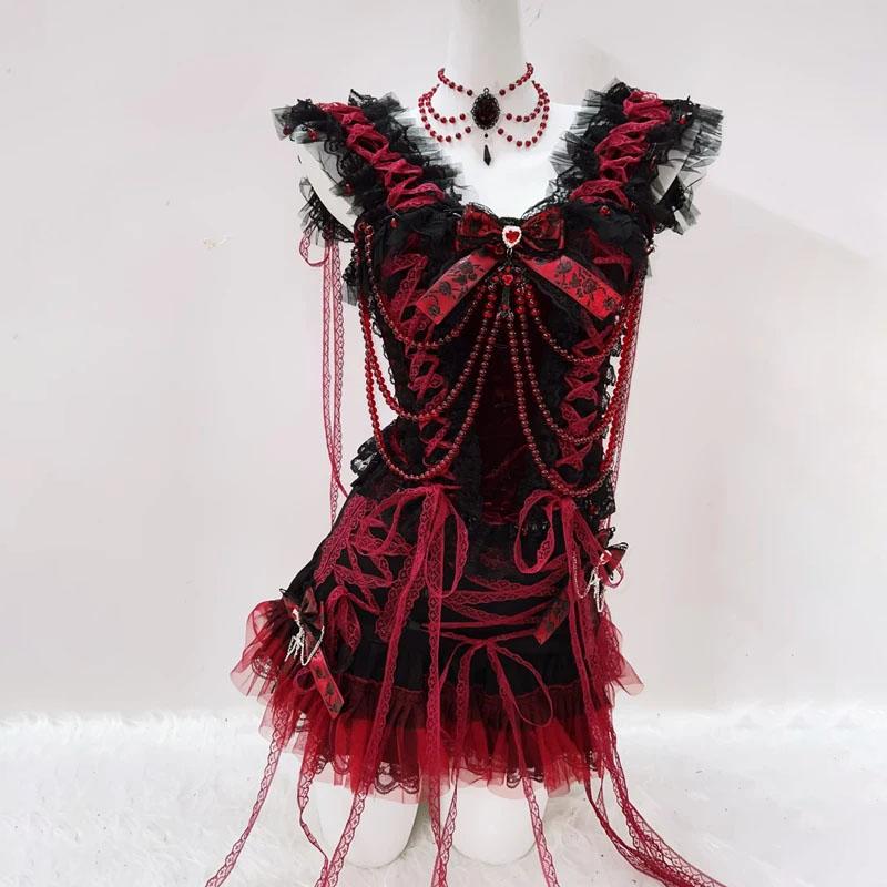 Ensemble mini-jupe à col en V et ourlet en dentelle perlée avec nœud papillon 