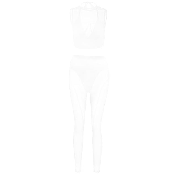 Crewneck hollow out mesh medium rise pant set