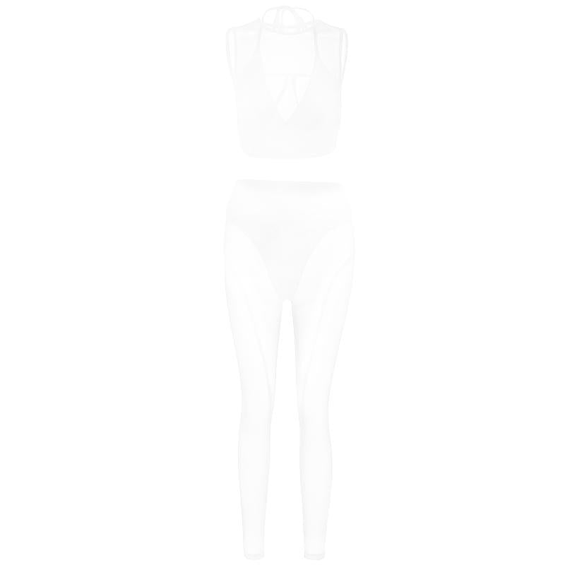 Crewneck hollow out mesh medium rise pant set