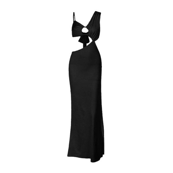 Vestido largo liso fruncido con aberturas irregulares 