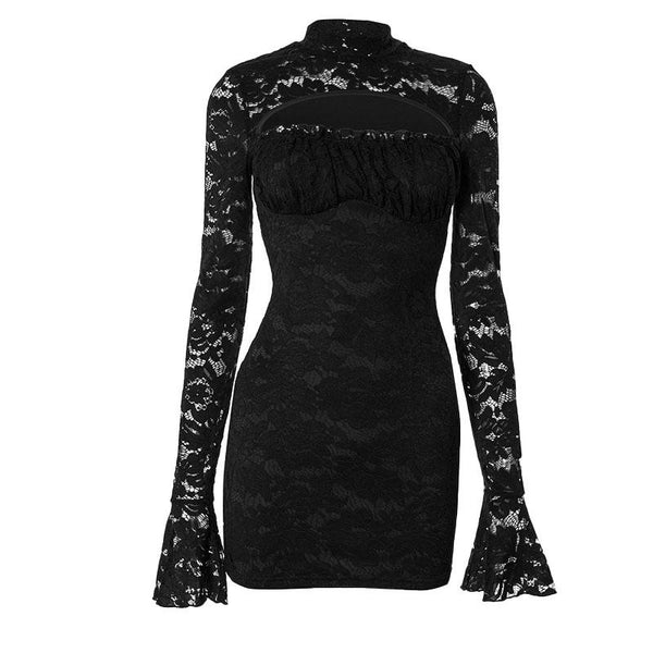 Long flared sleeve hollow out ruched lace mini dress