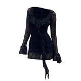 Long flared sleeve u neck lace ruffle mini dress