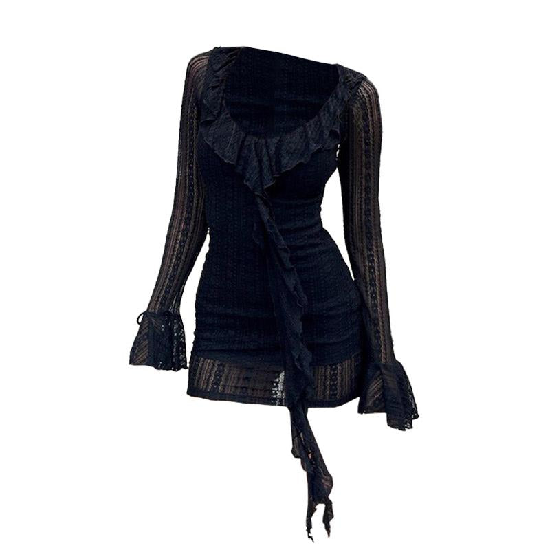 Long flared sleeve u neck lace ruffle mini dress
