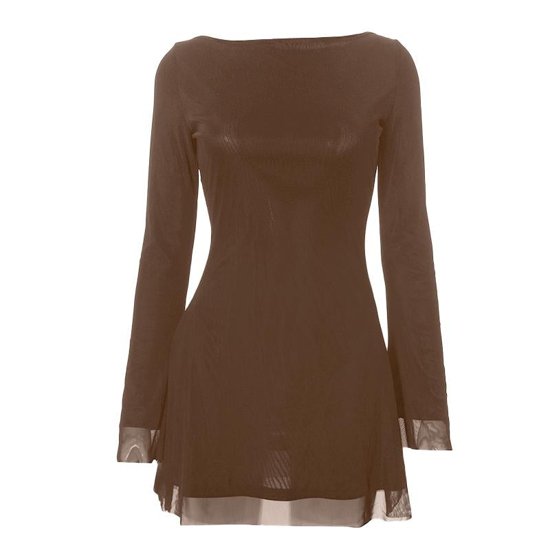 Vestido mini de manga larga con cuello redondo, lazo en la espalda y sin espalda 