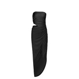 Vestido largo de tubo liso con frunces irregulares y huecos 