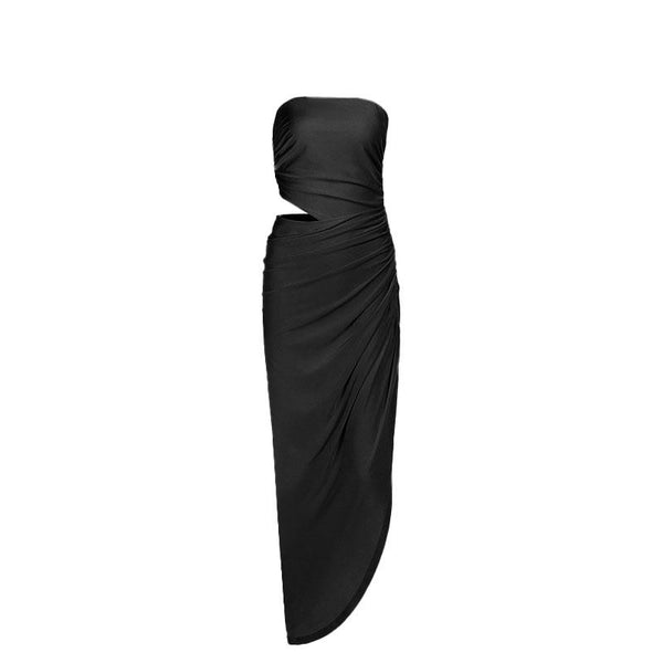 Ruched irregular hollow out solid tube maxi dress
