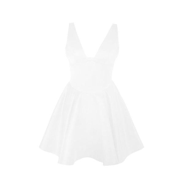 Smocked deep V neck backless cami mini dress