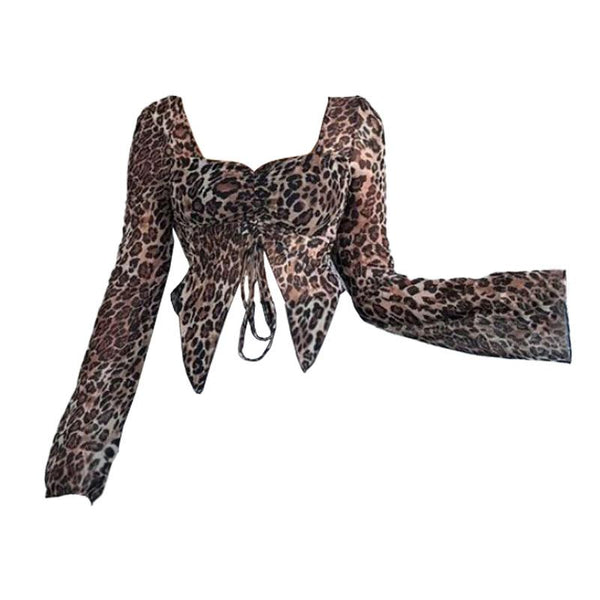 Mesh long sleeve v neck leopard print ruched top