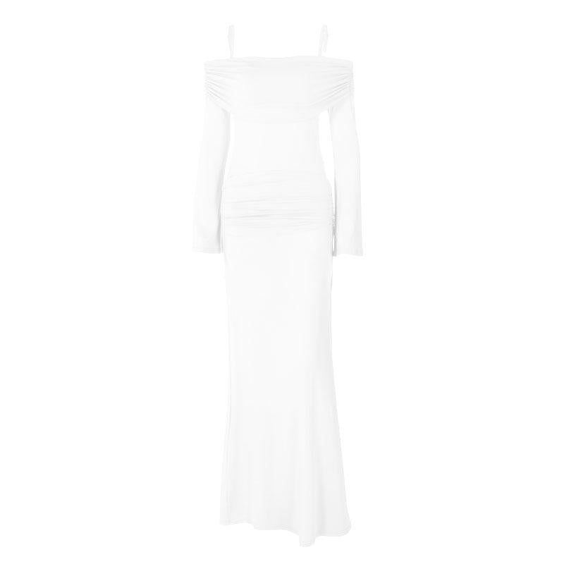 Robe longue froncée à manches longues et épaules dénudées 