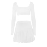 Conjunto de minifalda lisa con escote cuadrado y manga larga fruncida 