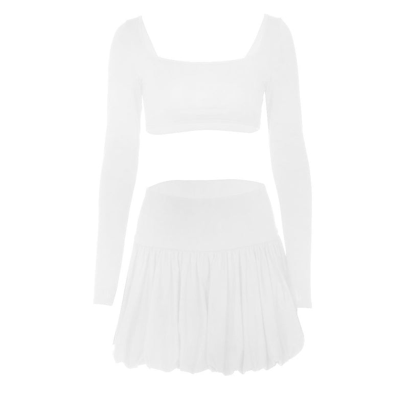 Conjunto de minifalda lisa con escote cuadrado y manga larga fruncida 