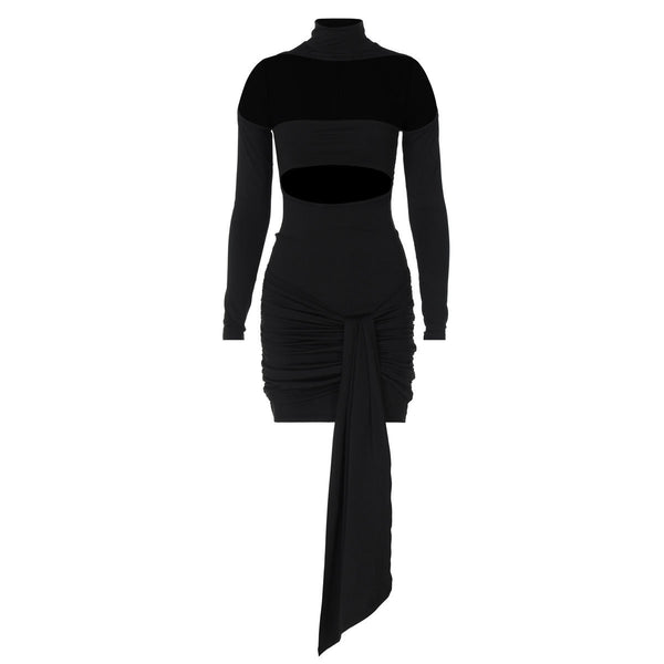 Mini-robe froncée à col haut et manches longues 