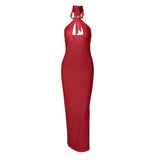 Self tie halter hollow out backless midi dress