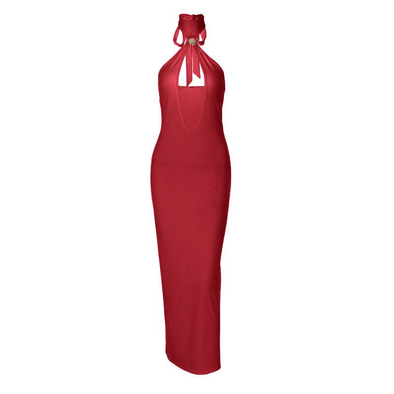 Self tie halter hollow out backless midi dress