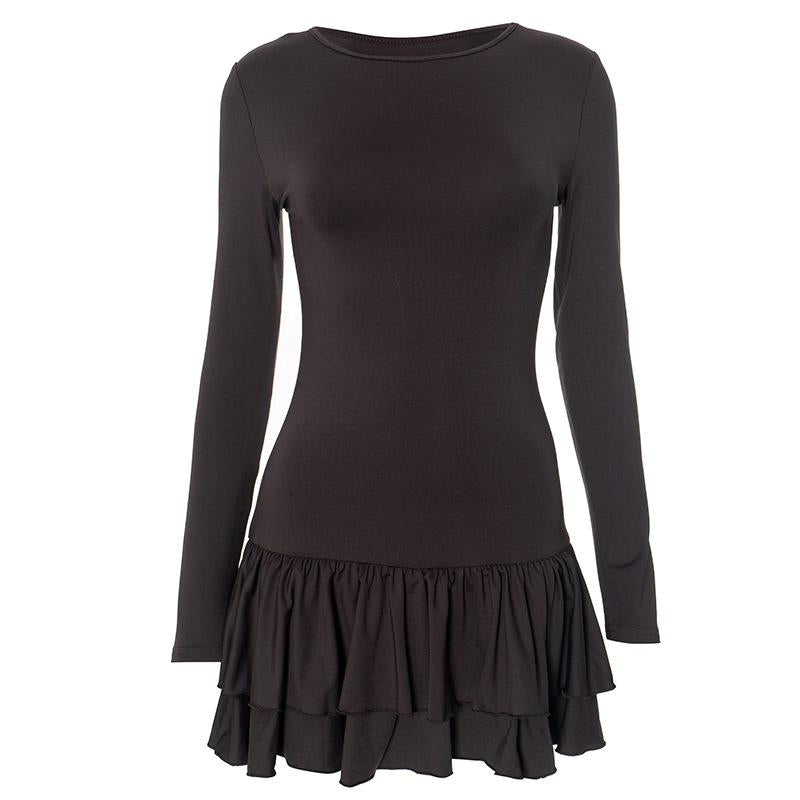 Vestido mini liso con cuello redondo y manga larga fruncida 