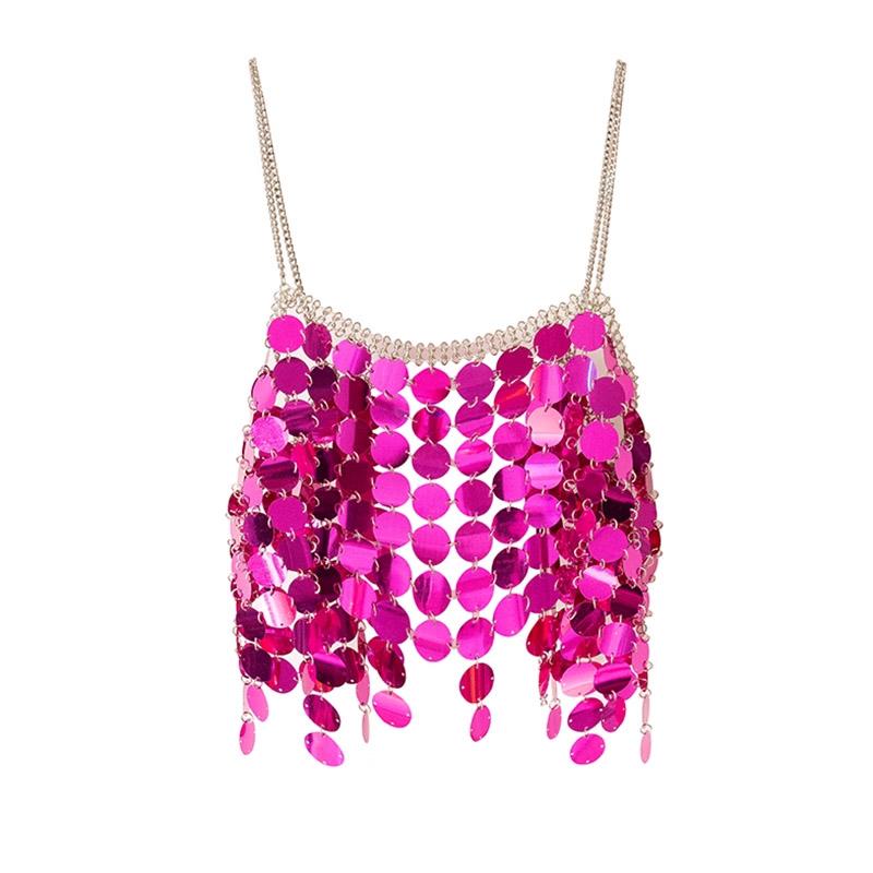 Metal chain glitter v neck hollow out cami top