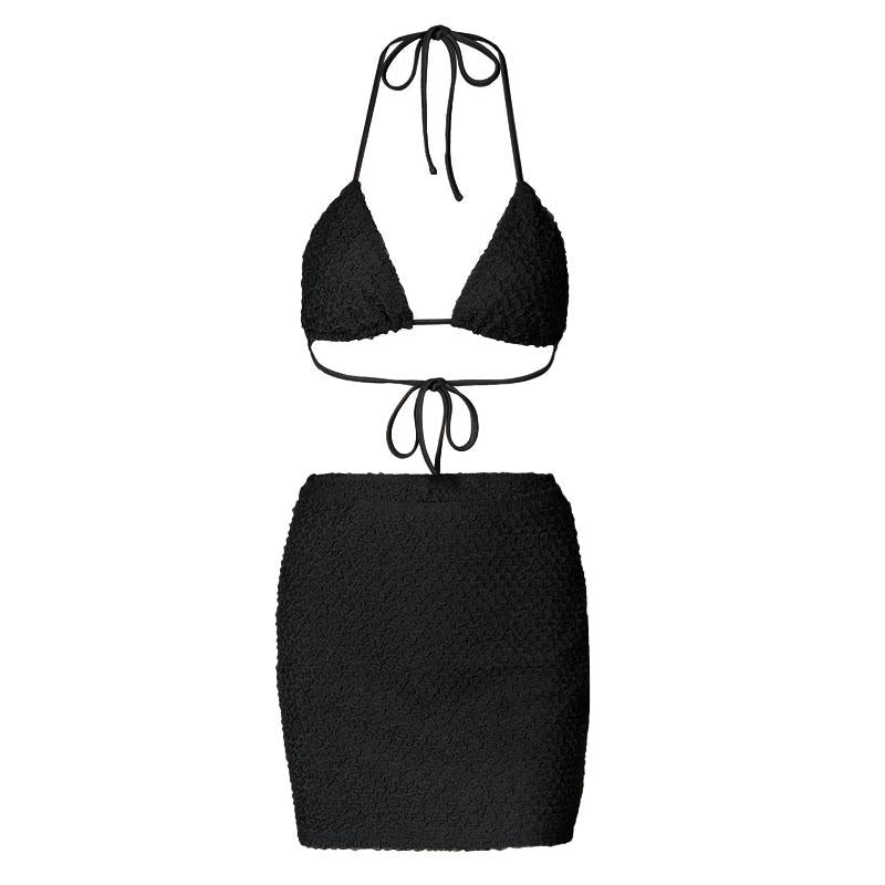 Textured halter self tie v neck solid mini skirt set