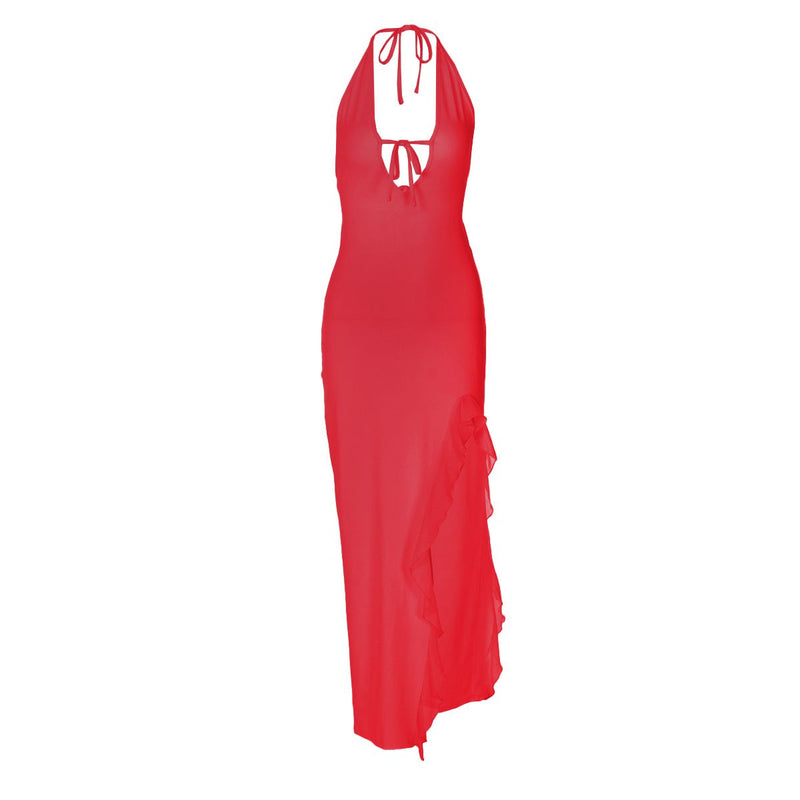 Slit halter self tie v neck ruffle solid maxi dress