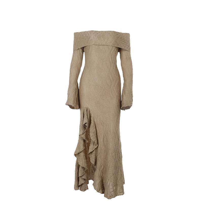 Off shoulder long flared sleeve slit textured midi dress