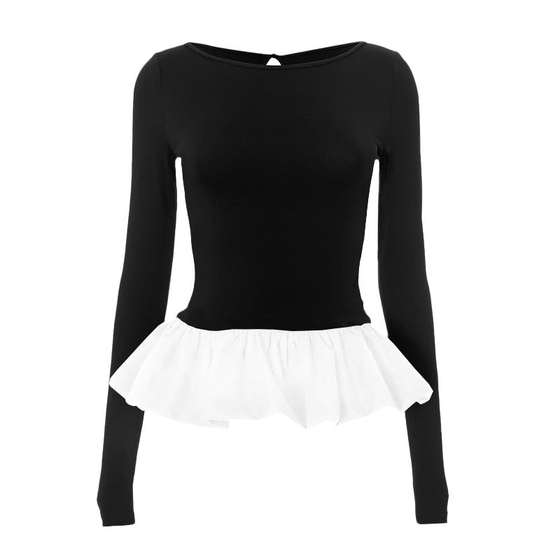 Top con volantes calados, cuello redondo y manga larga fruncida 