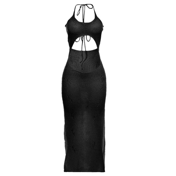 Self tie halter hollow out see through knitted maxi dress