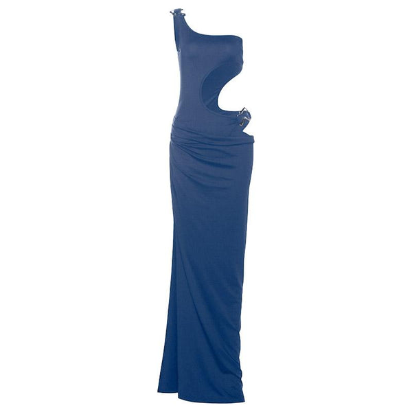 Robe longue irrégulière à une épaule, ajourée et fendue haute 