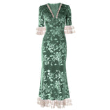 Lace hem v neck flower print velvet maxi dress