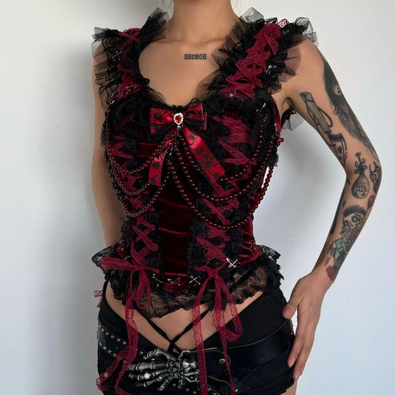 Ensemble mini-jupe à col en V et ourlet en dentelle perlée avec nœud papillon 