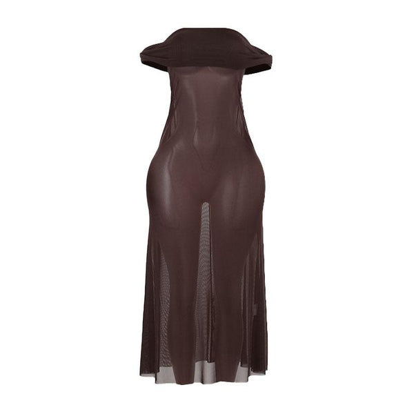 Robe longue transparente en maille froncée à épaules dénudées 