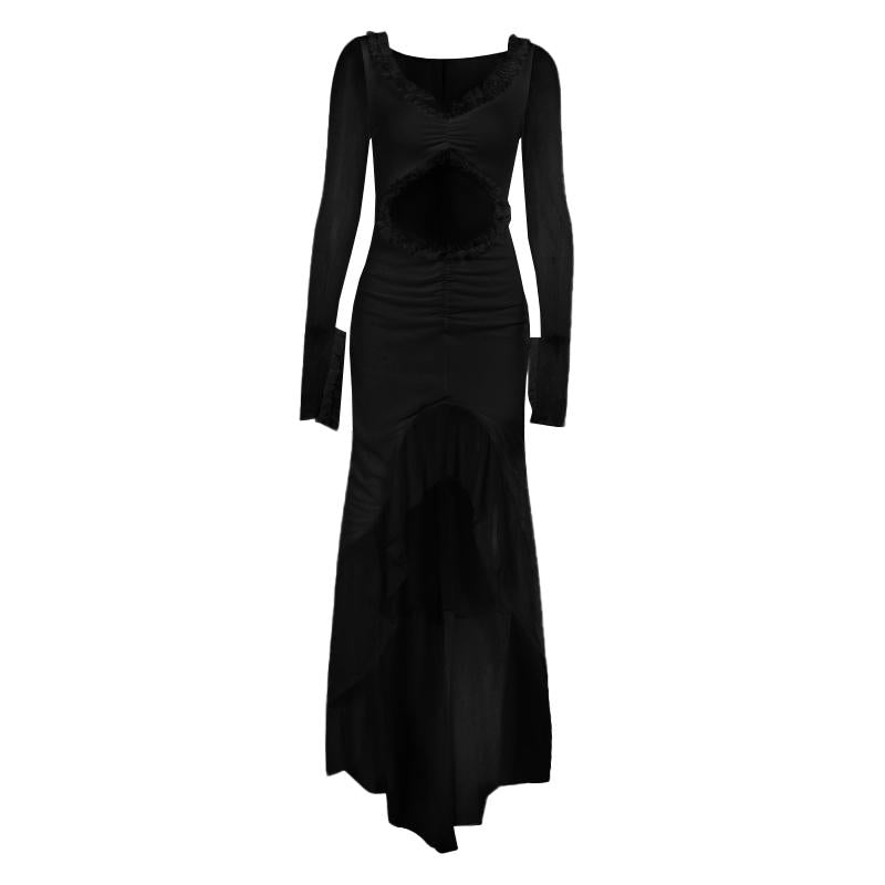 Robe longue en maille à volants et manches longues ajourées 