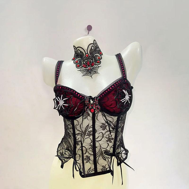 Haut camisole à col en V avec nœud papillon et motif croisé en araignée 