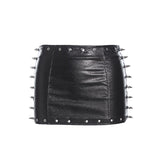 PU leather rivet applique hollow out solid mini skirt