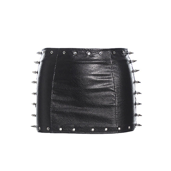 PU leather rivet applique hollow out solid mini skirt