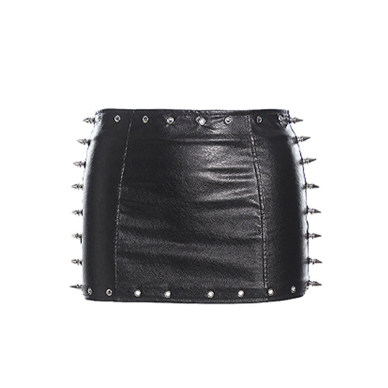 PU leather rivet applique hollow out solid mini skirt